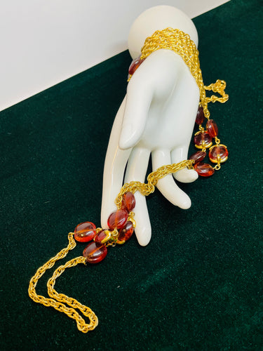 Crown Trifari Root Beer Bead and Gold Chain Necklace